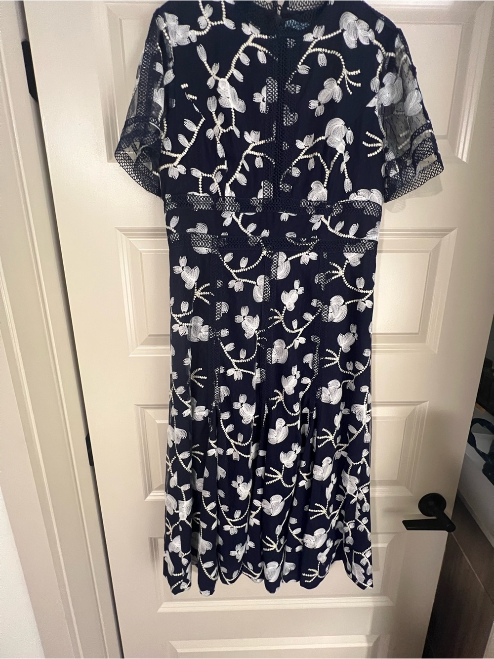 Navy Floral embroidery ALine Dress - Elegant Short Sleeve